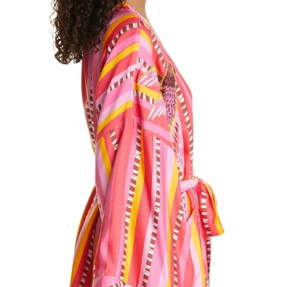 Farm Rio Lucy Parrot Stripe Tie Waist Embroidered Birds Cover Up Kimono Jacket - Picture 5 of 16